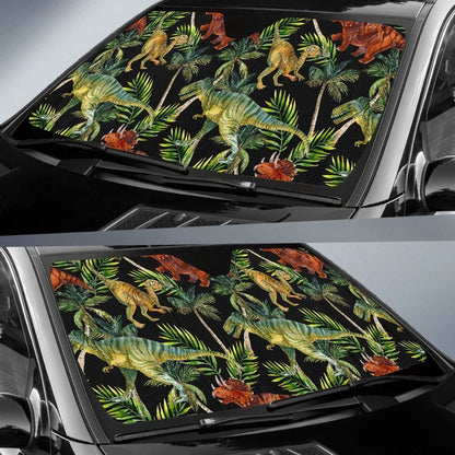 Dinosaur Car Sun Shade Dinosaur Palm Leaf Pattern Winshield Sun Shade Black Green