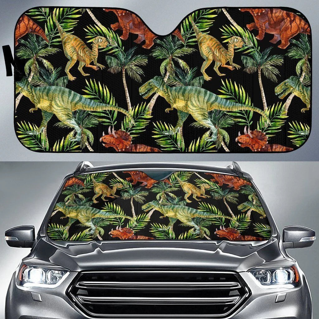 Dinosaur Car Sun Shade Dinosaur Palm Leaf Pattern Winshield Sun Shade Black Green