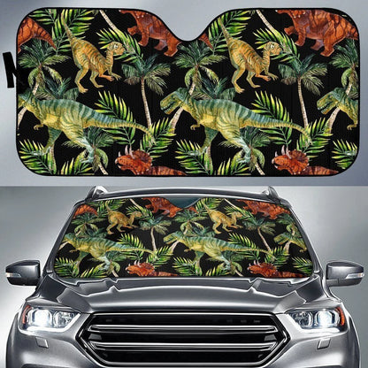 Dinosaur Car Sun Shade Dinosaur Palm Leaf Pattern Winshield Sun Shade Black Green