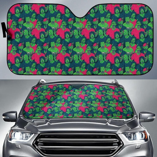 Zombie Car Sun Shade Scary Crowded Zombie Doodle Pattern Winshield Sun Shade Green