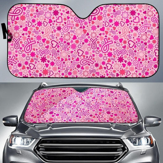 Breast Cancer Car Sun Shade Ribbon Heart Shape Flower Pattern Winshield Sun Shade Pink