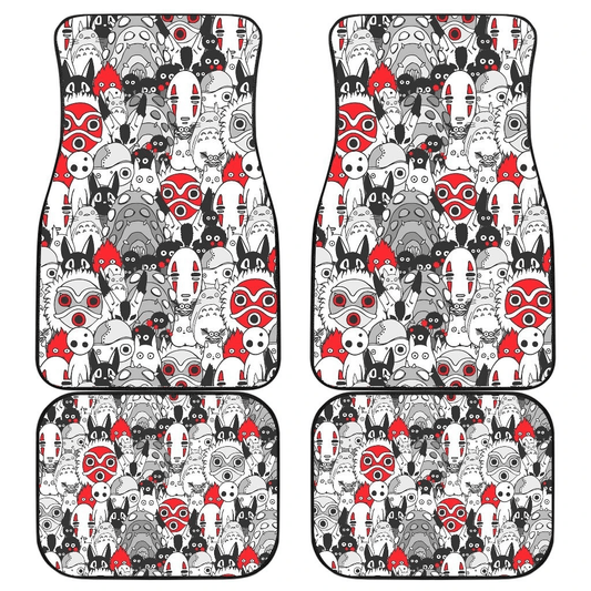 SGhibli Car Mats All Of SGhibli Masks Characters Doodle Pattern Car Floor Mat White Red