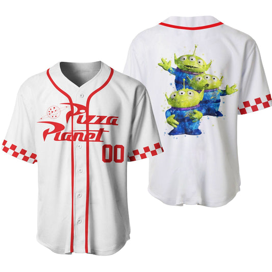 Disney Jersey Disney Toy Story Green Alien Pizza Planet Cartoon Graphic White Jersey Shirt Disney Baseball Jersey Toy Story Baseball Jersey