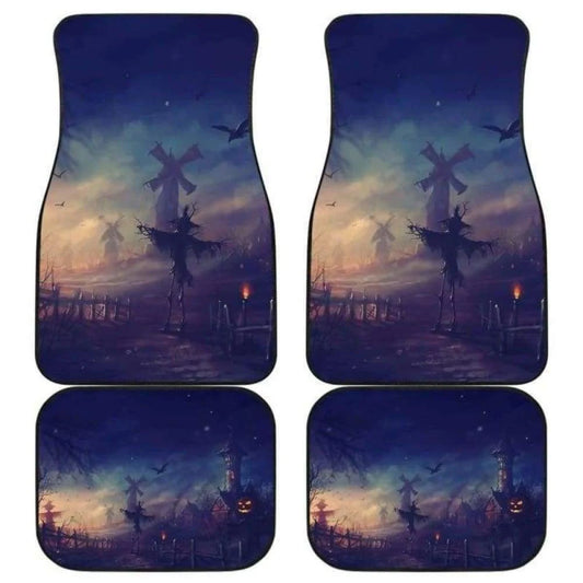 Halloween Car Mats Halloween Scarecrow Windmill Scene Graphic Car Floor Mats Black Blue