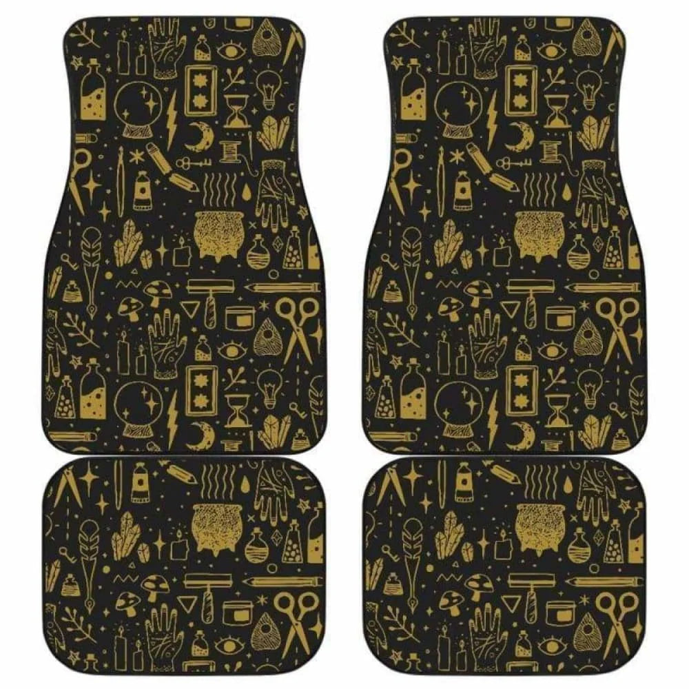 Halloween Car Mats Halloween Witchcraft Magic Items Pattern Car Floor Mats Black Yellow