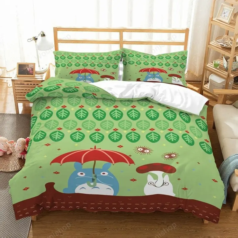 SGhibli Bedding Set Totoro Hides From Rain Leaf Pattern Duvet Covers Green Unique Gift