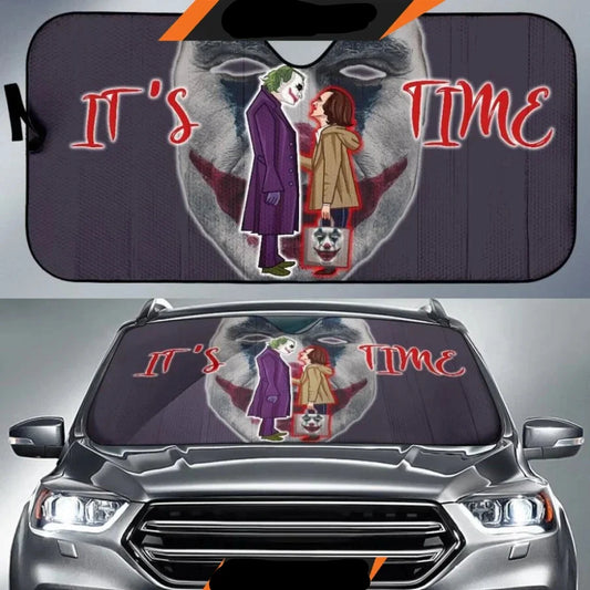 Joker Car Sun Shade It's Time Joker Face Winshield Sun Shade Black Gray