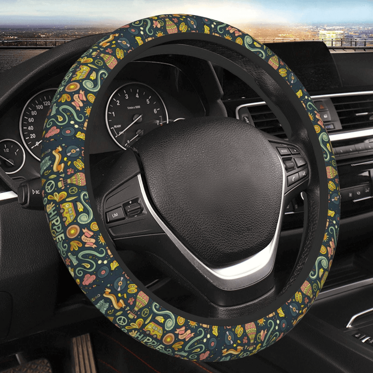 Hippie Steering Wheel Cover Hippie Van Hot Air Balloon Music Disk Pattern Driving Wheel Cover Colorful