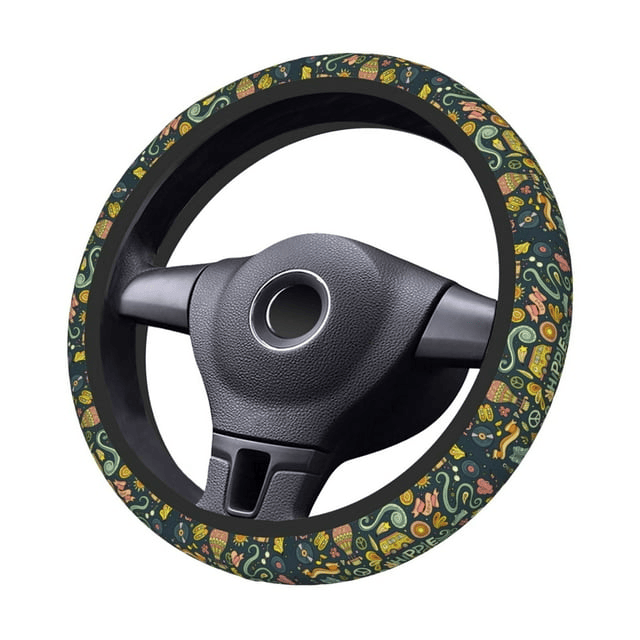 Hippie Steering Wheel Cover Hippie Van Hot Air Balloon Music Disk Pattern Driving Wheel Cover Colorful