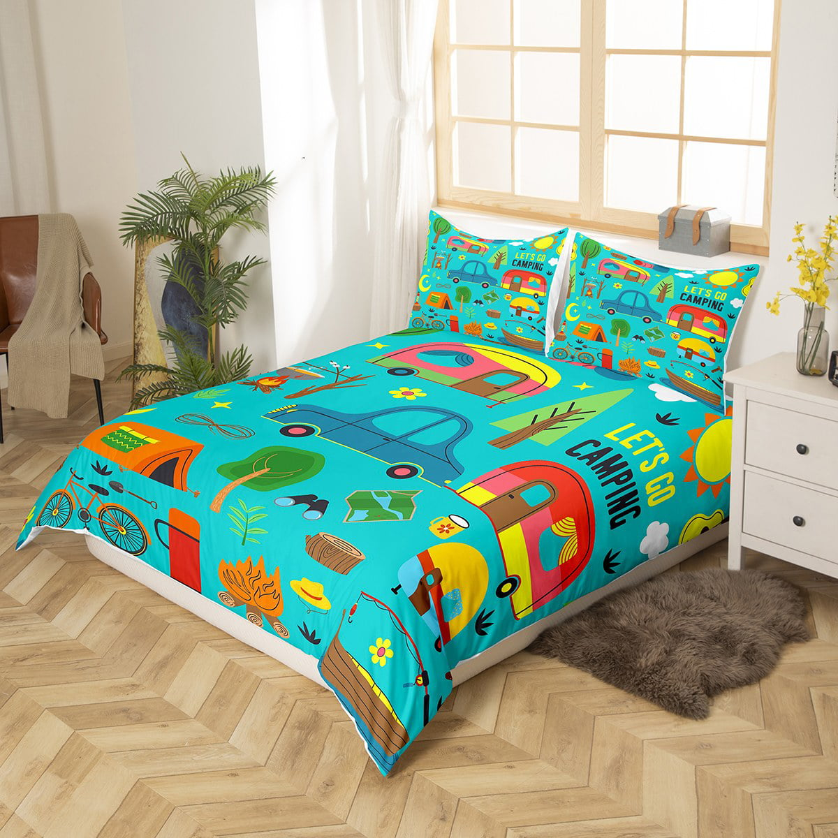 Camping Bedding Set Let's Go Camping Camping Items Pattern Duvet Covers Blue Unique Gift