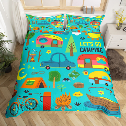 Camping Bedding Set Let's Go Camping Camping Items Pattern Duvet Covers Blue Unique Gift