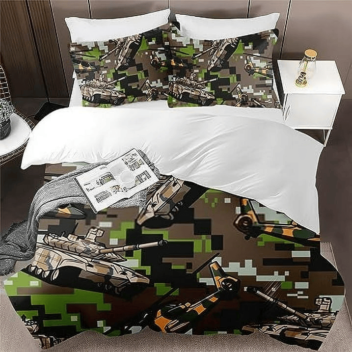 Veteran Bedding Set Military Tanks Camouflage Pattern Duvet Covers Green Unique Gift