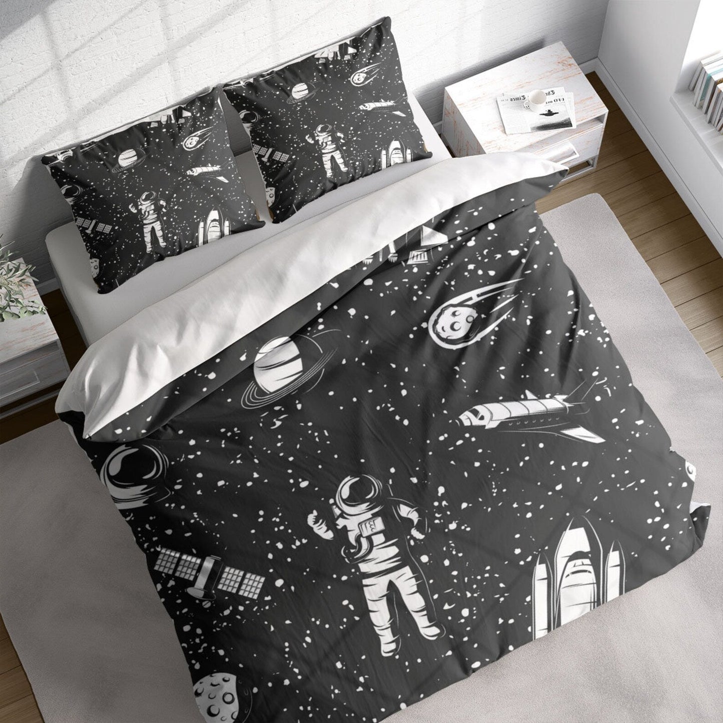 Astronaut Bedding Set Astronaut Spaceship Shooting Star Duvet Covers Black White Unique Gift