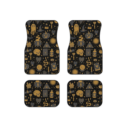 Halloween Car Mats Halloween Witchcraft Items Skull Caulron Pattern Car Floor Mats Black Brown