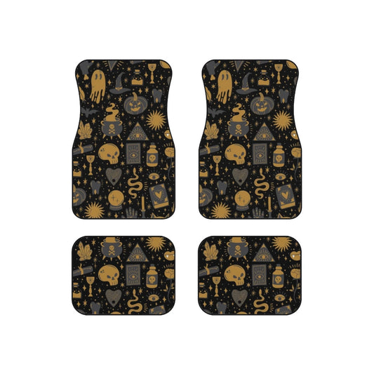 Halloween Car Mats Halloween Witchcraft Items Skull Caulron Pattern Car Floor Mats Black Brown