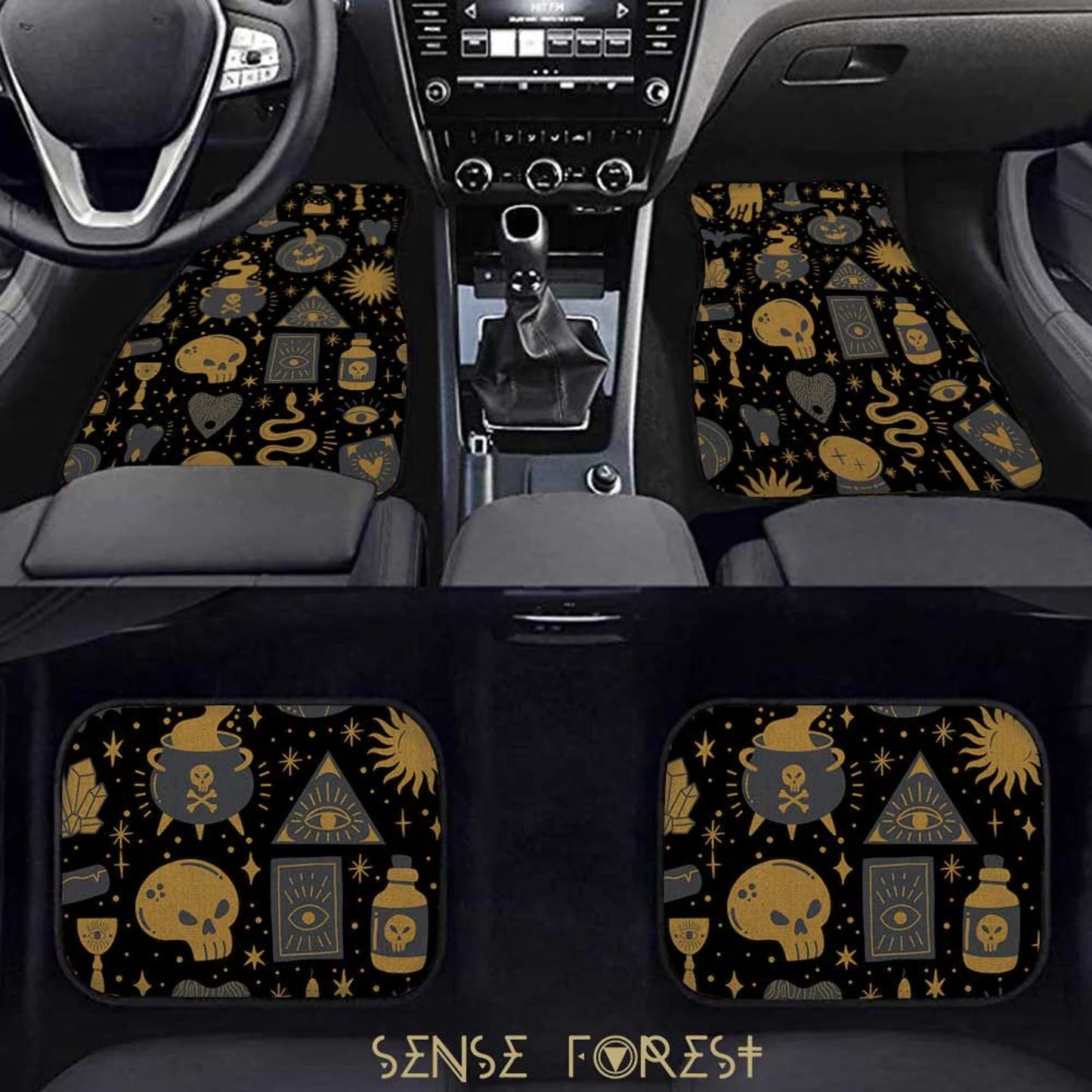 Halloween Car Mats Halloween Witchcraft Items Skull Caulron Pattern Car Floor Mats Black Brown