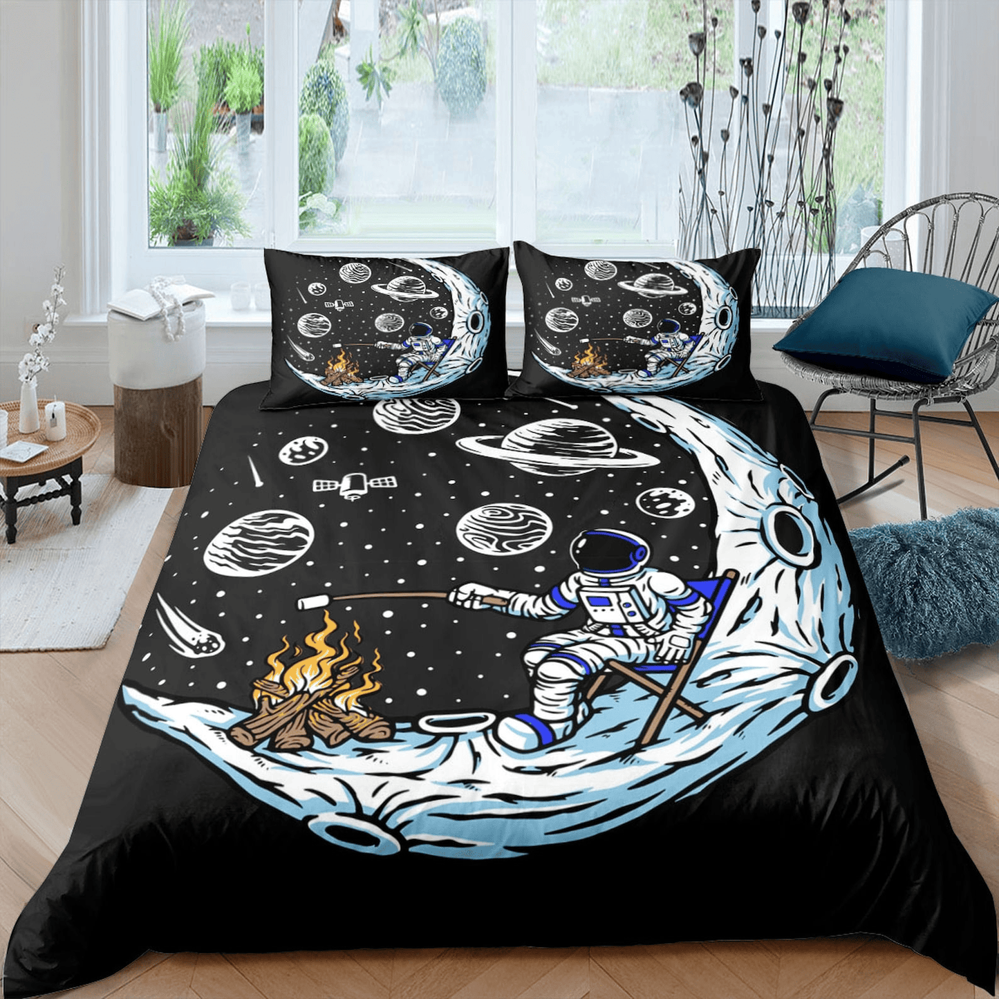 Astronaut Bedding Set Galaxy Astronaut Space Bonfire Duvet Covers Black White Unique Gift