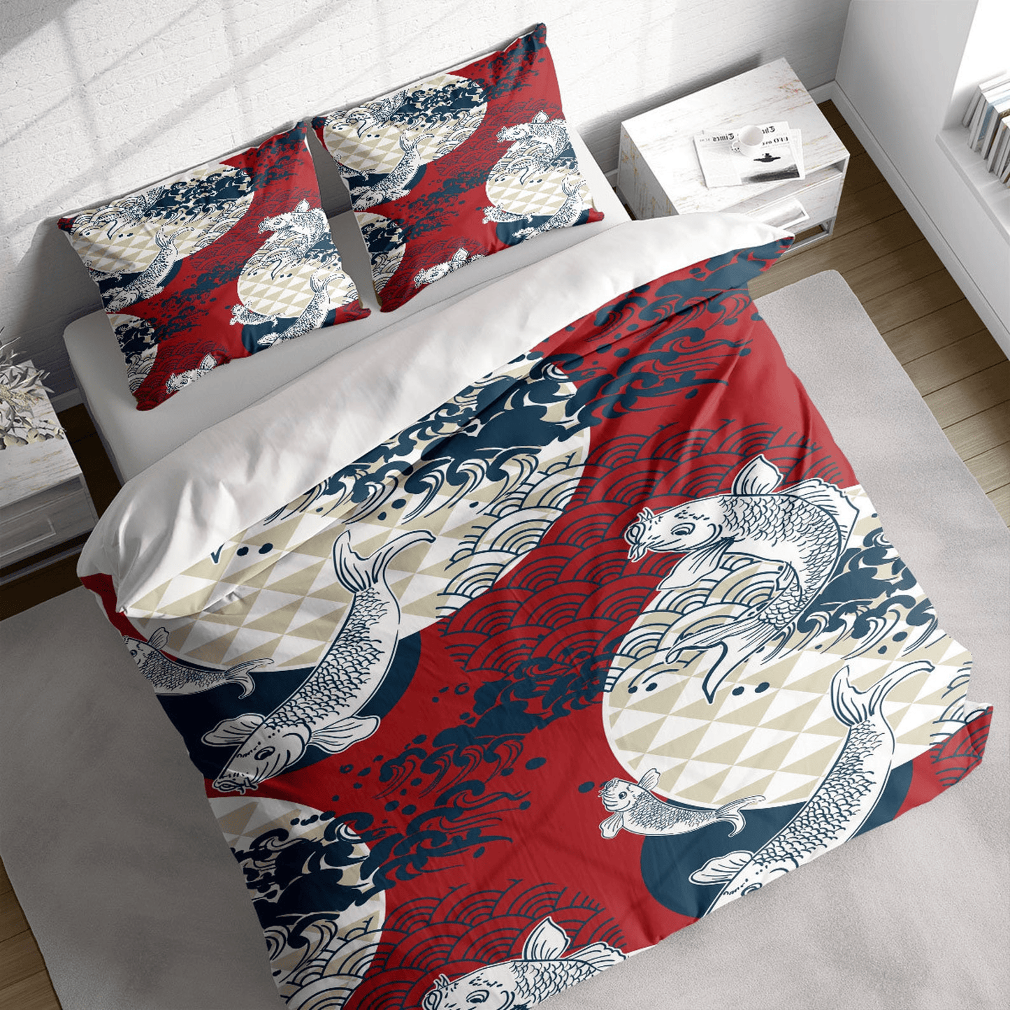 Japan Bedding Set Japanese Traditional Koi Fish Art Duvet Covers Red White Unique Gift