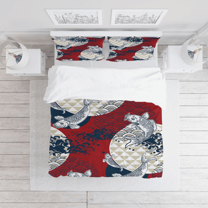 Japan Bedding Set Japanese Traditional Koi Fish Art Duvet Covers Red White Unique Gift