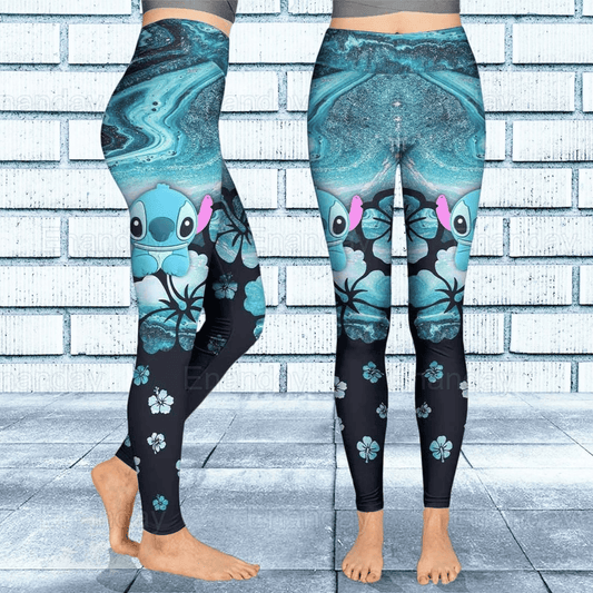 Stitch Leggings Stitch And Flower Pattern High Waisted Legging Blue For Women