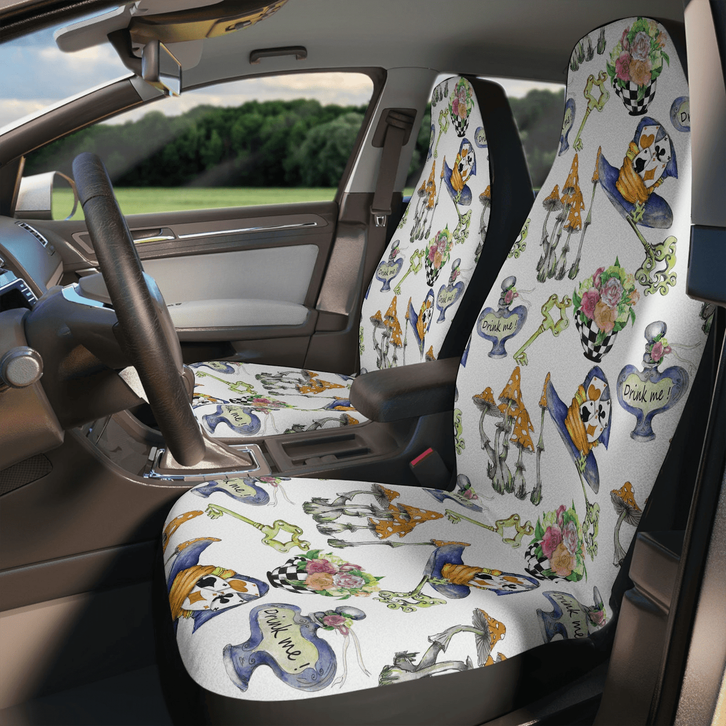 Alice In Wonderland Car Seat Covers DN Potion Hats Mushroom Bouquet Pattern Seat Covers White Blue