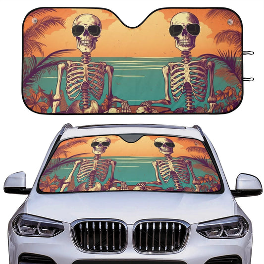 Skull Car Sun Shade Cool Skull Tropical Beach Winshield Sun Shade Orange Blue