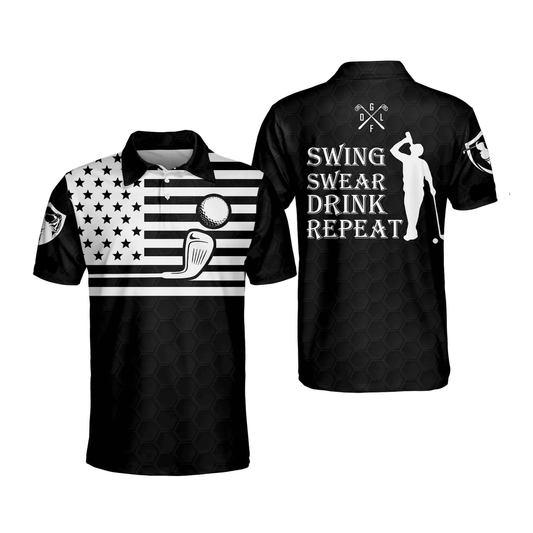 Golf Polo Shirt Swing Swear Drink Repeat Golf Shirts Black White For Men