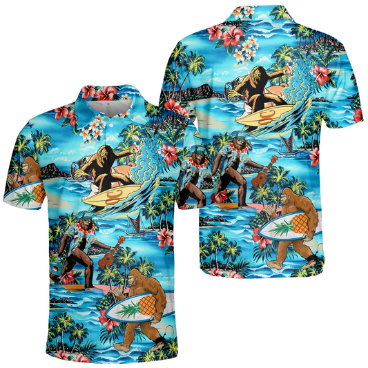 Bigfoot Polo Shirt Surfing Playing Ukulele Bigfoot Pattern Polo Tees Coloful