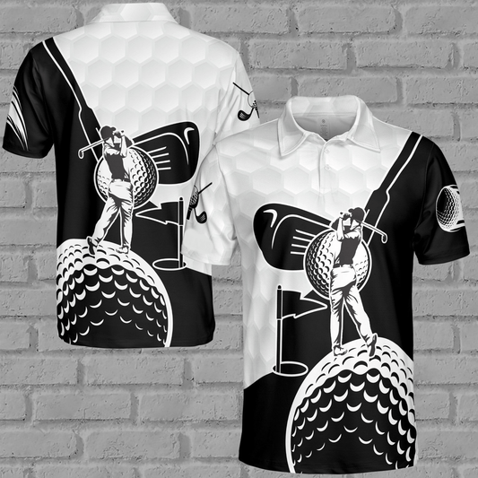 Golf Polo Shirt Golfer And Ball Pattern Golf Shirts Black White For Men