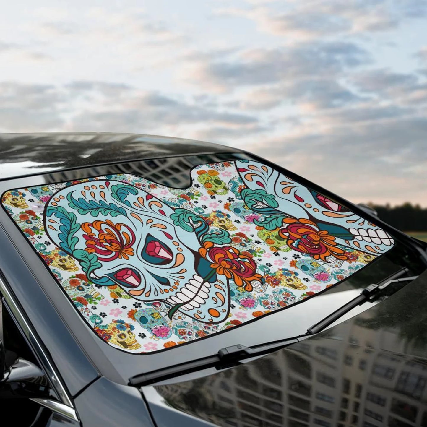 Skull Car Sun Shade Skull Sugar Diamonds Flower Pattern Winshield Sun Shade Colorful