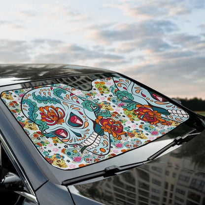 Skull Car Sun Shade Skull Sugar Diamonds Flower Pattern Winshield Sun Shade Colorful