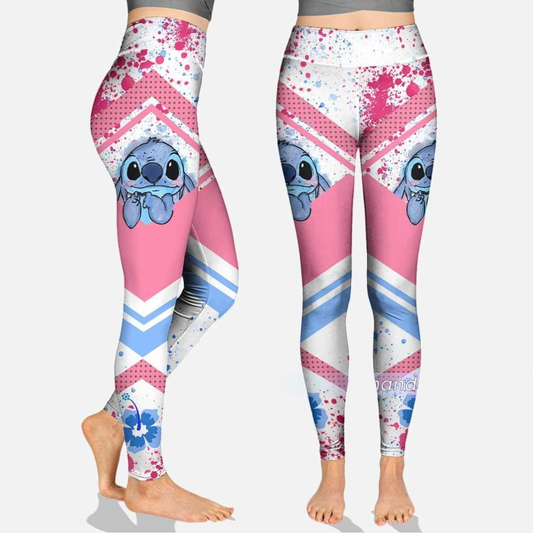 Stitch Leggings Stitch And Flower Splashing Paint Pattern High Waisted Legging Pink Blue For Women