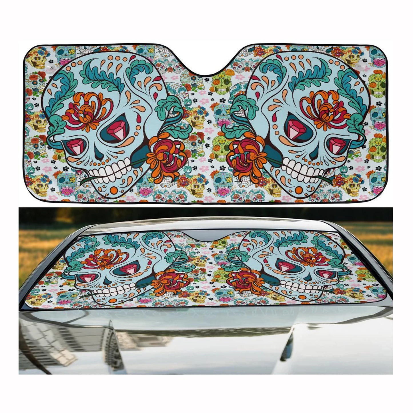 Skull Car Sun Shade Skull Sugar Diamonds Flower Pattern Winshield Sun Shade Colorful