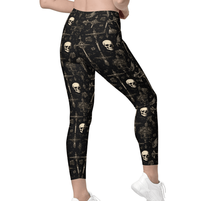 Skull Leggings Skull Cross And Wings Pattern High Waisted Legging Black For Women