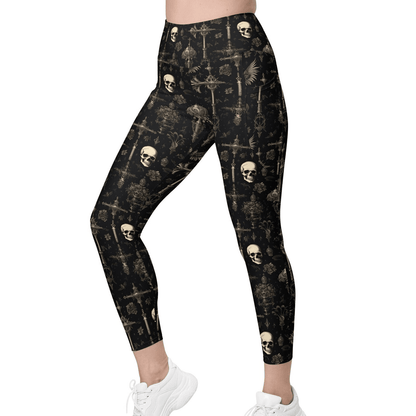 Skull Leggings Skull Cross And Wings Pattern High Waisted Legging Black For Women