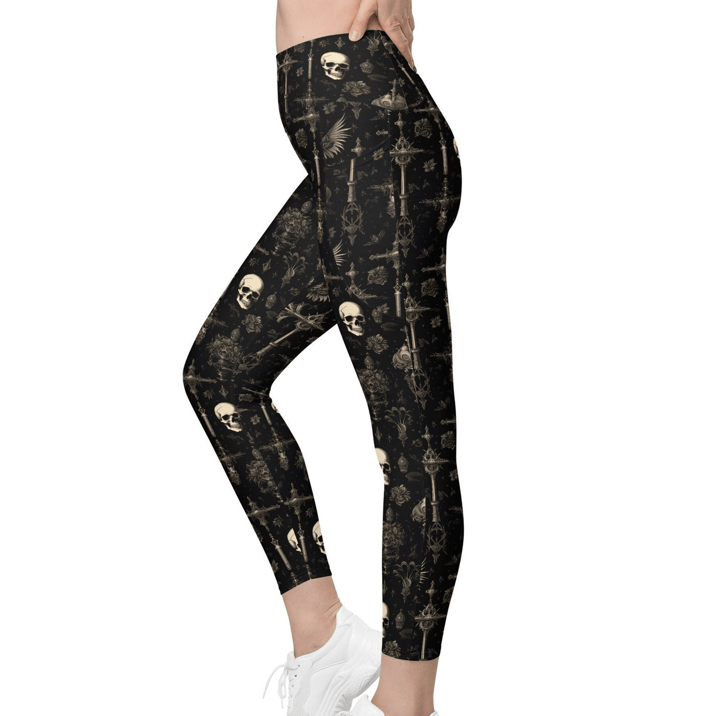 Skull Leggings Skull Cross And Wings Pattern High Waisted Legging Black For Women