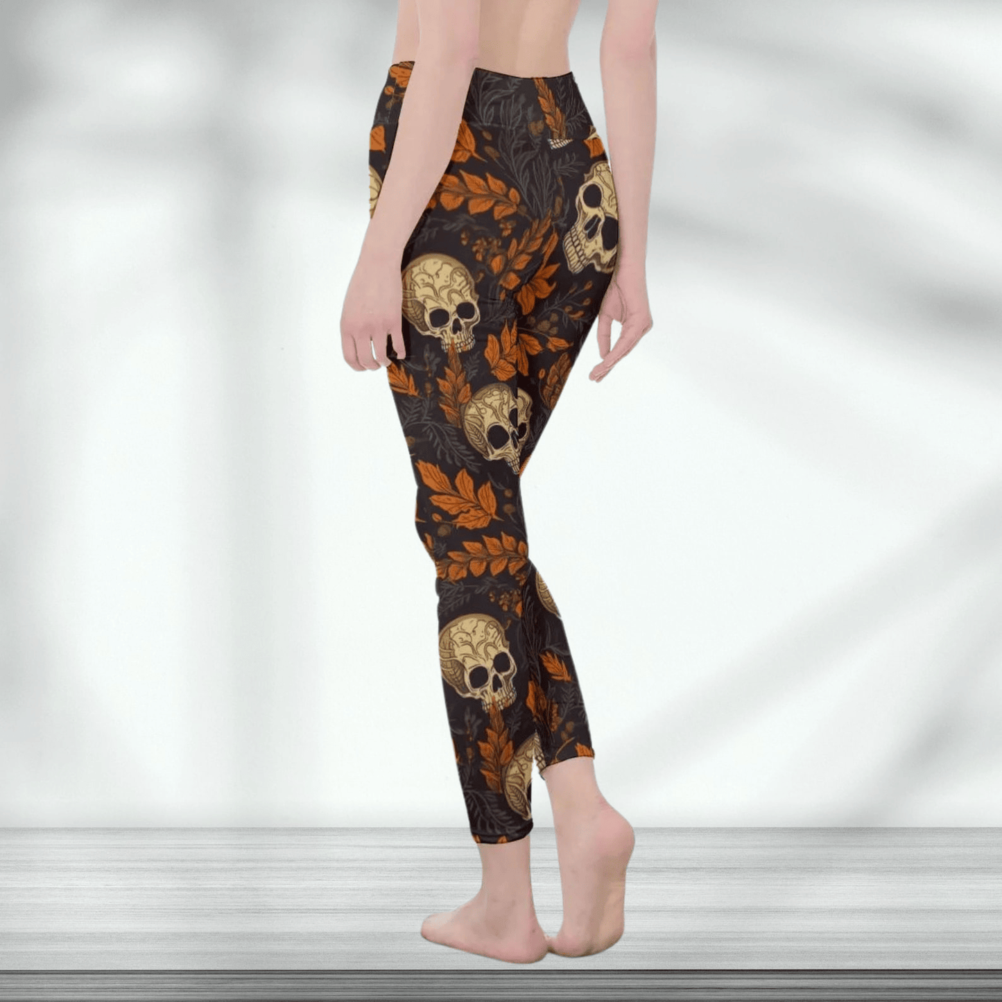 Skull Leggings Gothic Skull And Autumn Leaf Pattern High Waisted Legging Black Brown For Women