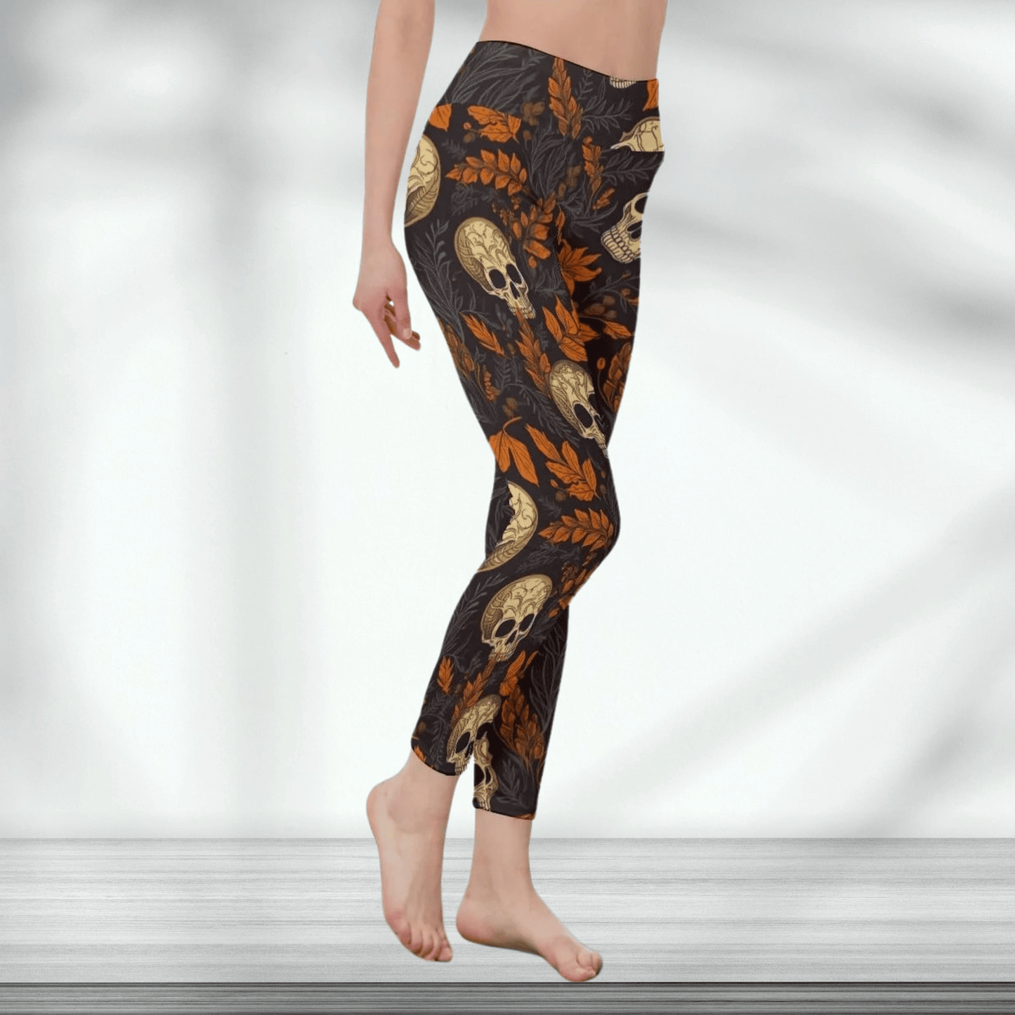 Skull Leggings Gothic Skull And Autumn Leaf Pattern High Waisted Legging Black Brown For Women