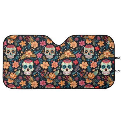 Skull Car Sun Shade Mexican Floral Boho Sugar Skulls Winshield Sun Shade Colorful