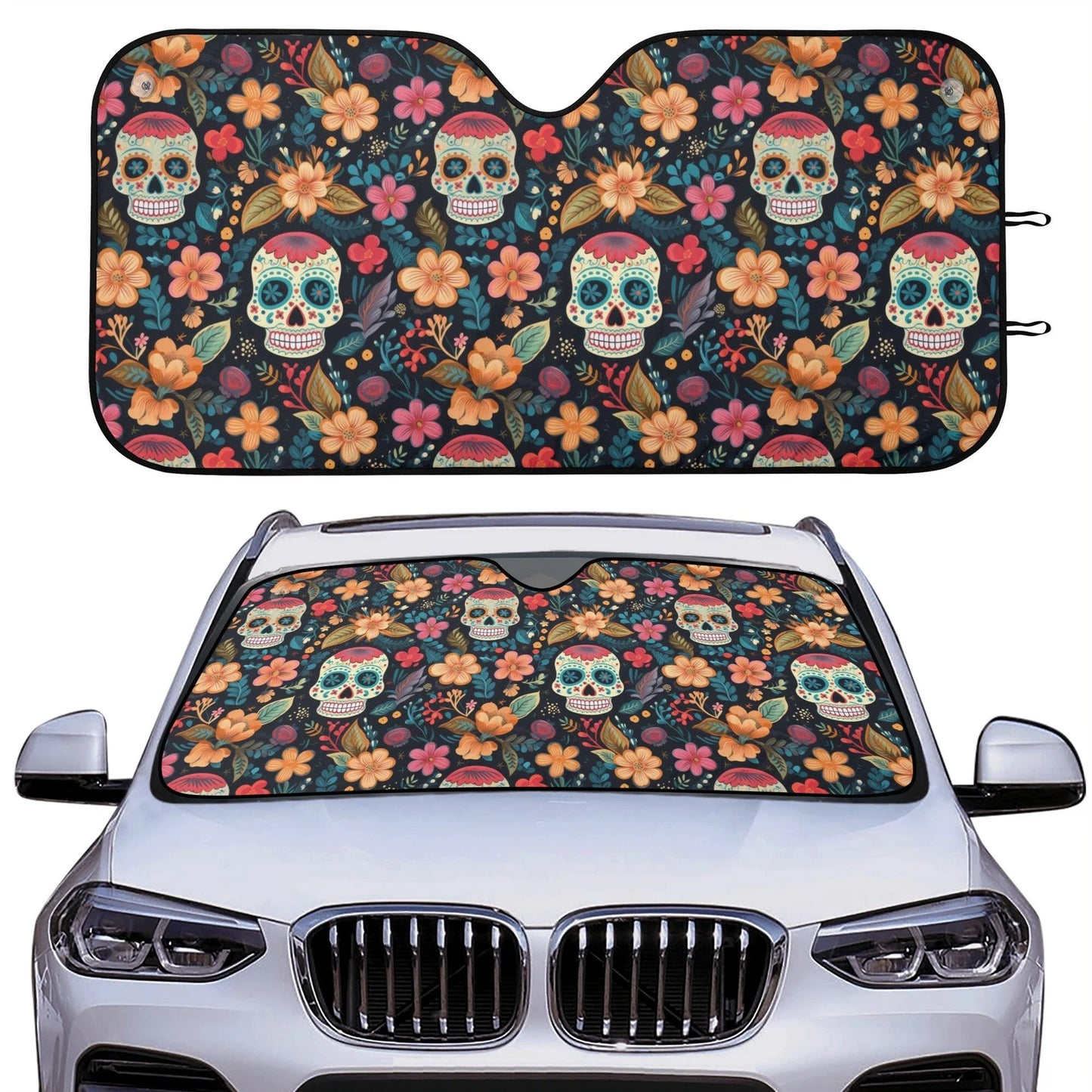 Skull Car Sun Shade Mexican Floral Boho Sugar Skulls Winshield Sun Shade Colorful