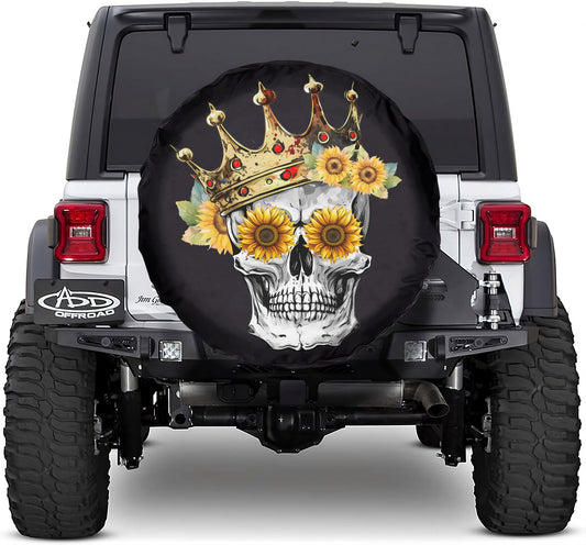 Skull Spare Tire Cover Sunflower Eyes Skull Crown Pattern Tire Covers Black White