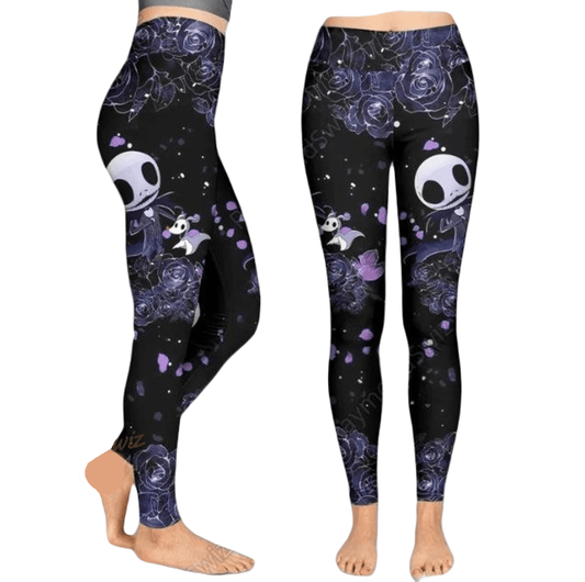 TNBC Leggings Jack Skellington And Zero Rose Pattern High Waisted Legging Black Purple For Women