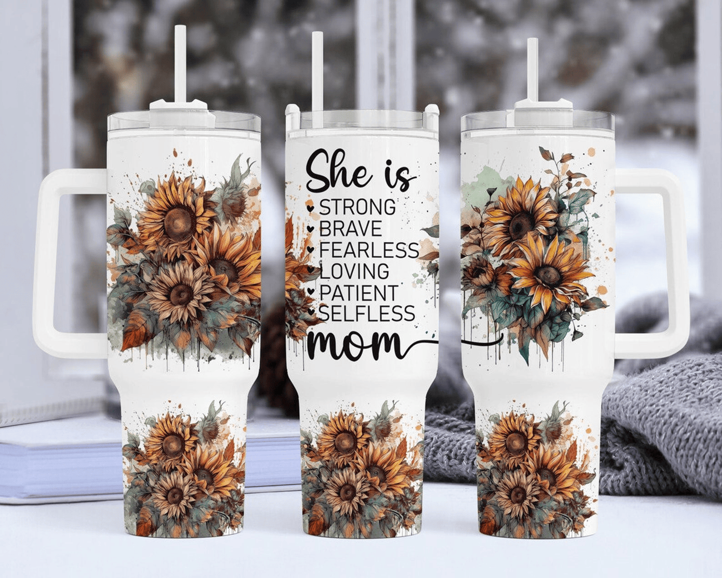 Mother 40 Oz Tumbler She Is Strong Mom Sunflower Tumbler 40 Oz White Yellow