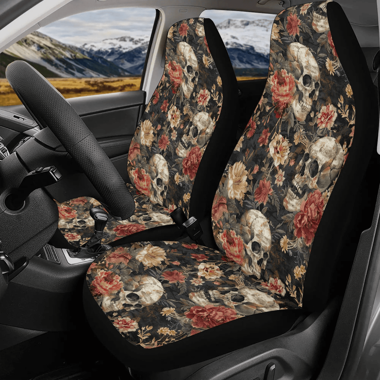 Skull Car Seat Covers Vintage Style Floral Skull Pattern Seat Covers Brown