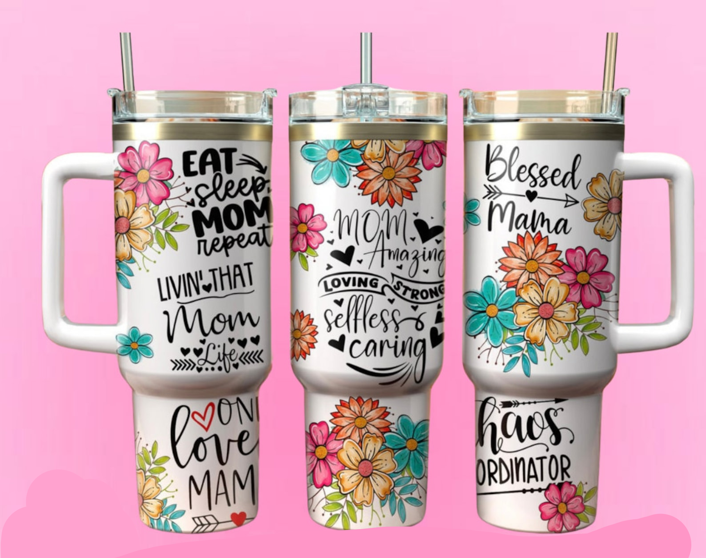 Mother 40 Oz Tumbler Eat Sleep Mom Repeat Flowers Tumbler 40 Oz Colorful