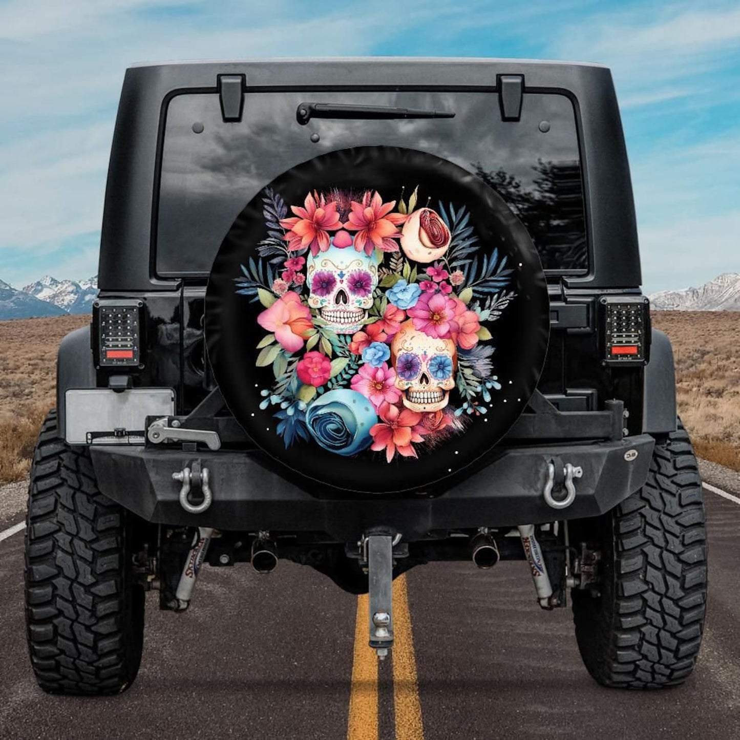 Skull Spare Tire Cover Tropical Flower Floral Skulls Pattern Tire Covers Colorful