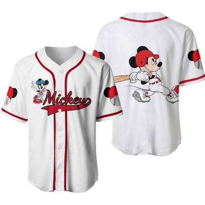 Disney Jersey Mickey Mouse Playing As Designated Hitter Graphic White Red Jersey Shirt Disney Baseball Jersey Mickey Baseball Jersey