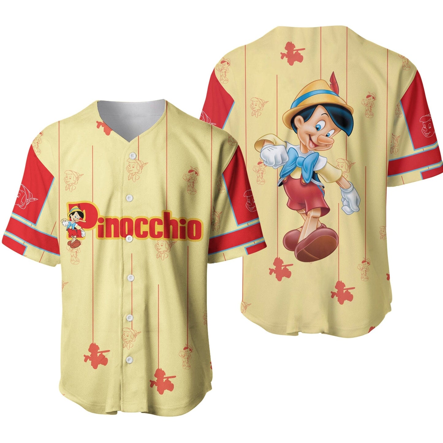 Disney Jersey Pinocchio The Wooden Boy Pattern Yellow Red Jersey Shirt Pinocchio Baseball Jersey