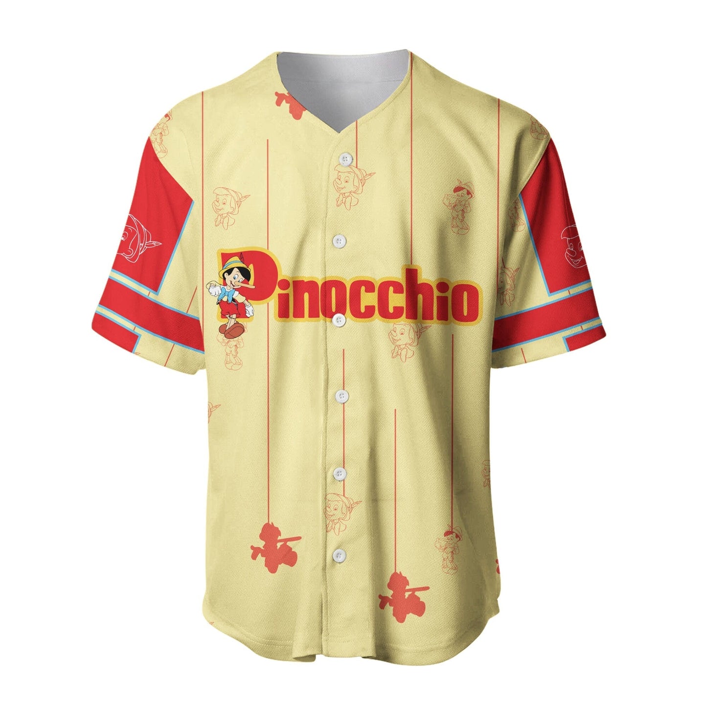 Disney Jersey Pinocchio The Wooden Boy Pattern Yellow Red Jersey Shirt Pinocchio Baseball Jersey