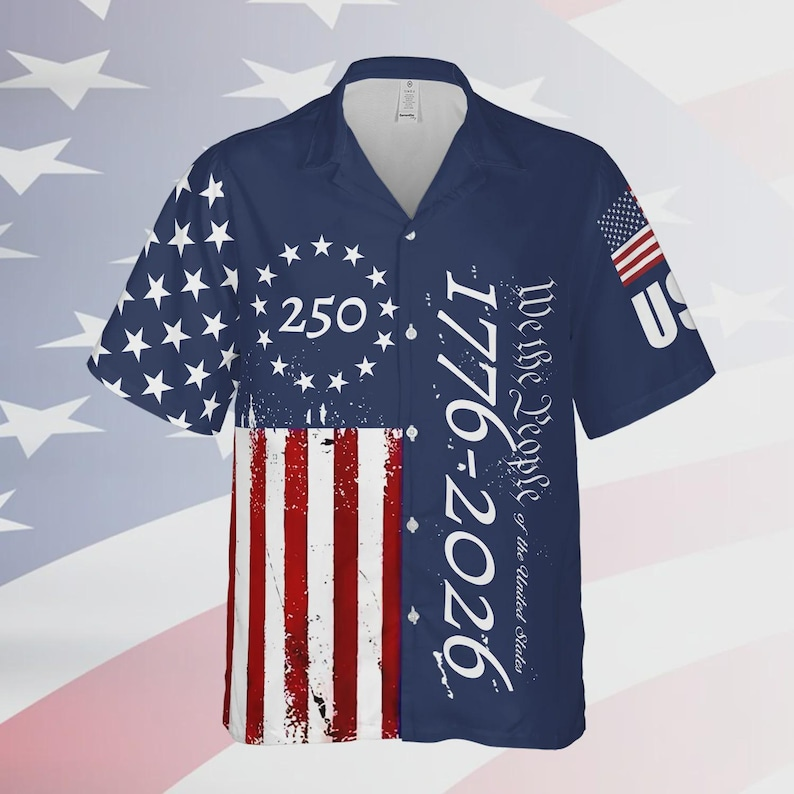 Men’s U.S. 250th Anniversary Hawaiian Shirt, Patriotic Flag Stars Button Down, 1776 2026 Independence Day Outfit